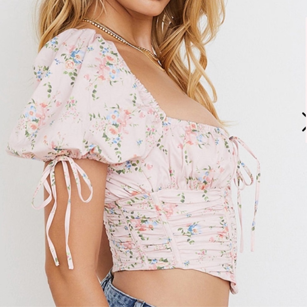 House of CB GRACIE PINK FLORAL PUFF SLEEVE CORSET TOP Size Large New with Tag - Picture 3 of 16
